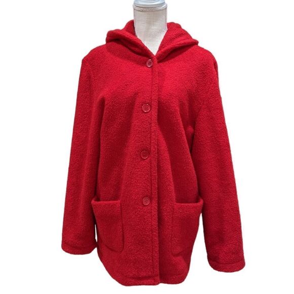 Sandro Sport Women's Red Long Buttoned Hood Fleece Jacket Size L - Picture 1 of 11